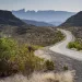A road winds through cactuses and scrub with mountains looming in the distance