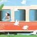 Illustration shows the side of a train and a woman hanging out a window, with birds in a v formation and plants in the foreground.