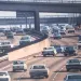 A busy eight-lane highway in Los Angeles in the 1950s
