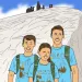 illustration of a people in Yosemite t-shirts in front of Half Dome with bears on top