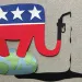 Illustration shows a red, white, and blue elephant standing on Earth. Its trunk is a gasoline hose dripping black liquid.