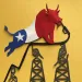 Illustration shows a bull painted with the Texas flag standing atop electrical towers holding what appears to be gasoline hose in its mouth.