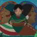 Native American girl in a purple sweater holds her hands out to a monarch butterfly.