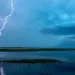 Lightning strikes a wetland on a dark-blue night.
