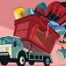 Colorful illustration shows a dump truck with a red food basket as its bed. Inside are helmets, cans of food, shoes, and a car seat falling out.