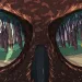 Illustration shows owl eyes with a reflection of a woman on a wooded path and a moon.