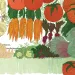 Illustration shows two men in aprons standing in front of tomatoes, carrots, radishes, and chickens hanging from rods