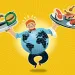 Illustration shows a man with an Earth-shaped belly sweating and holding up two plates, one with a veggie burger, a mushroom, and a beaker of liquid and the other holding a steak, chicken wings, and other meat.