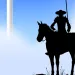 illustration shows a wind turbine against a blue background and a man on a horse in silhouette