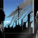 Illustration shows the profiles of two men looking out a window at smokestacks and a wind turbine
