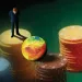 Illustration shows four stacks of chips next to a roulette wheel, with a tiny man standing atop one of the piles