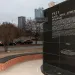 A memorial to Tulsa's Black Wall Street sits outside the Greenwood Cultural Center on the outskirts of downtown Tulsa