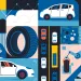 Illustration shows boxes with cars, roads, and city scenes