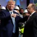 President Donald Trump gestures to Harold Hamm, CEO and majority owner of North Dakota’s largest oil company, Continental Resources, as he arrives to speak at the 9th annual Shale Insight Conference at the David L. Lawrence Convention Center, Wednesday, Oct. 23, 2019, in Pittsburgh.