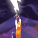  Illustration shows an electrician standing on a ladder and reaching up to electrical wires and a large lightning-bolt-shaped gap in a purple mountain