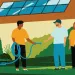 Illustration of a house with solar panels and a man handing a charging cable to two neighbors