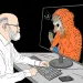  Illustration shows the profile of Paul Rauber sitting at his computer. On the screen is a Peter Arkle illustration of a hedgehog in a red hoodie looking at its phone.