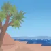 Illustration shows a desert with a tree, redrock, and solar panels simulating a sparkling oasis or sea on the ground