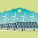 Illustration shows solar panels and wind turbines