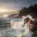Crashing surf hits a rocky shoreline at Acadia National Park