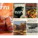 The current Sierra cover image of a redrock canyon and the Colorado River sits next to six previous covers of Sierra and the Sierra Club Bulletin.