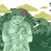 Illustration shows a woman in a coat with her hands over her heart. Her head blends into the mountain and forest behind her.