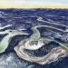 Illustration shows an aerial view of a meandering river through dark forest.