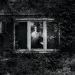  Black-and-white photo of Sean Guthrie looking at the camera through a window inside his house. The house has vines covering it.