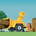  Illustration shows a forest and trees being fed into a yellow machine that spits out mass timber buildings