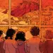 Bright-red illustration shows a teacher and six students looking out a classroom window at a wildfire burning across hills and homes. 