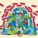 Illustration shows a giant pile of colorful plastic water bottles and other items covered with smiling red critters. A woman is stuck under the pile with her arms reaching out.