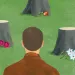  Illustration shows the back of a man looking out at a field of tree stumps with flowers at their bases