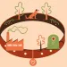  Illustration shows a large round collar with a small dog, trees, a building, and a recycling bin around it.