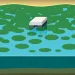 Illustration shows two adults and a child sitting next to a lake that has a rectangular ultrasonic algae remediation device floating in the middle. In the lake are harmful algal blooms and dead fish floating on top with live fish below.