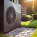 A heat pump sits outside a home.