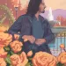  Illustration shows the profile of a man with a rosebush in the foreground, looking out at people sitting on benches next to a fountain.