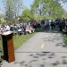 Eric Oberg, director of trail development for Rails-to-Trails Conservancy, addresses the crowd during a celebration announcing the preferred route of the Great American Rail-Trail Wednesday, May 8, 2019 in Columbus, Ohio. 