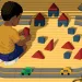  Illustration shows the back of a child sitting in the middle of a toy car track playing with blocks. He's replaced the top section of the track ring with houses.