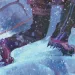 Illustration shows the legs of a woman wearing crampons trudging up a snowy hill.