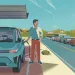  Illustration shows a man charging his blue electric vehicle and looking at the road next to him, filled with cars waiting in line for a traditional gas station.