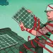Illustration shows a worker on a rooftop installing solar panels with red tape wrapped around him, pulling him back.