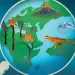 Illustration shows a scene through a magnifying glass of a dinosaur, glacier, volcano, and trees on fire