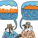 Illustration of two Aboriginal men sitting on a log talking about the rise of sea levels at the end of the last ice age. 