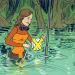 Illustrations show a woman in the middle of a river messing with measuring equipment, then an alligator head pops up behind her, she notices and heads for shore, the alligator dips underwater, and then the woman makes it safely to shore