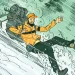 Illustrations show a hiker walking up to a sloped icy patch on the trail, then he's sliding down it, digging his heels into the snow to slow down, sliding over boulders and hitting a tree feet first (he says Ooof), and then standing up and waving to a