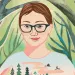 A dark-haired woman protecting a lake, forest, birds, and an elk.