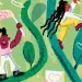 Illustration shows six miniature people of various stripes holding signs (one is of a heart). They're climbing on a vine.