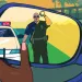 Illustration shows a Black woman's hand on her car's rearview mirror. In the mirror a white male police officer approaches the car with a flashlight.