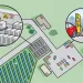 Infographic shows an aerial view of a solar array and EV charging station.