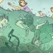 Four illustrations show the writer and wife Jackie at a rocky beach, with people standing close to the ocean's edge, people suddenly underwater getting bounced around then looking beaten up and confused once the water recedes, followed by the writer and h